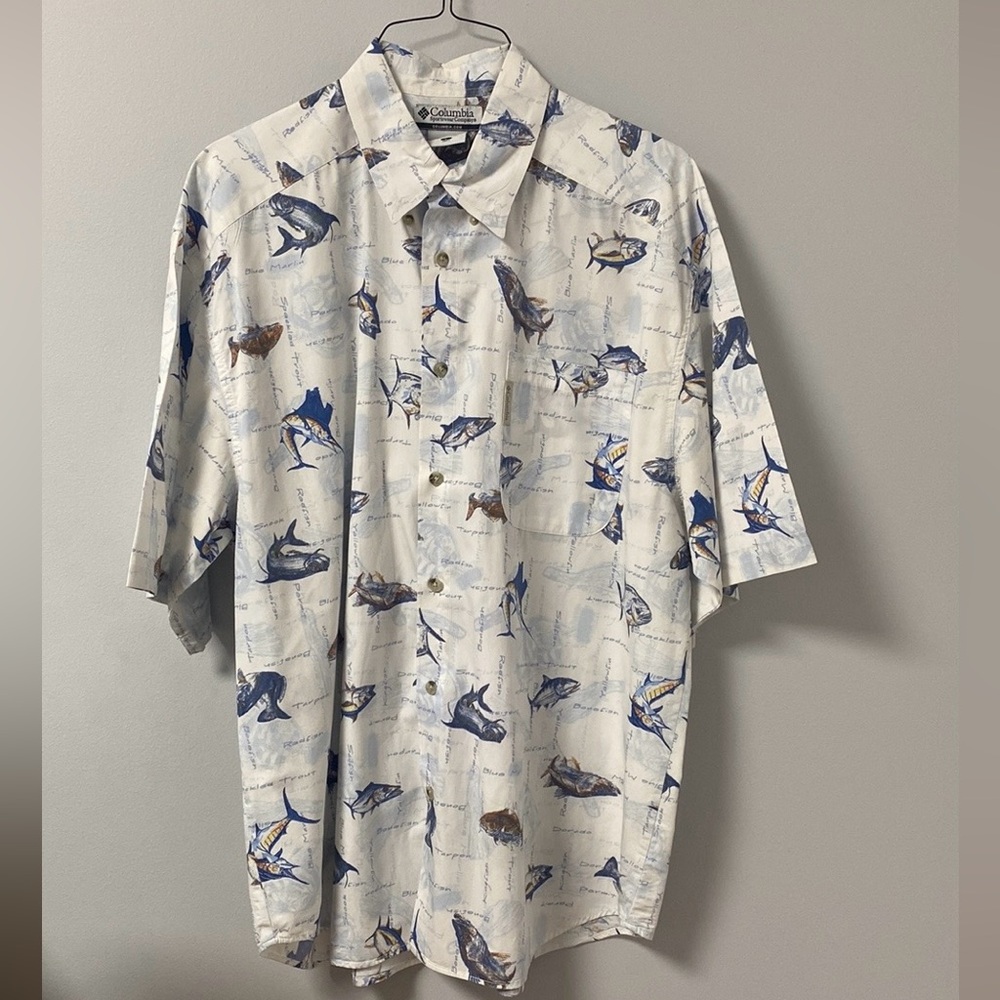 Columbia Shirt Short Sleeve Fishing Outdoor Fish Pattern Men's Size L